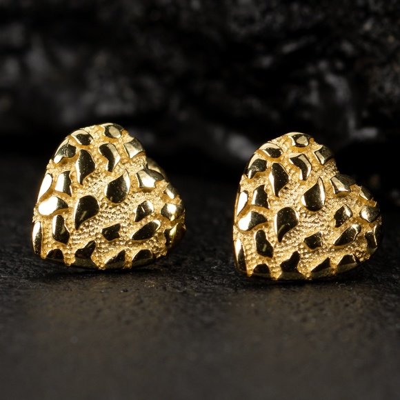 Cute Heart Womens Solid Yellow Gold 925 Sterling Silver Nugget Stud Earrings - Picture 4 of 5